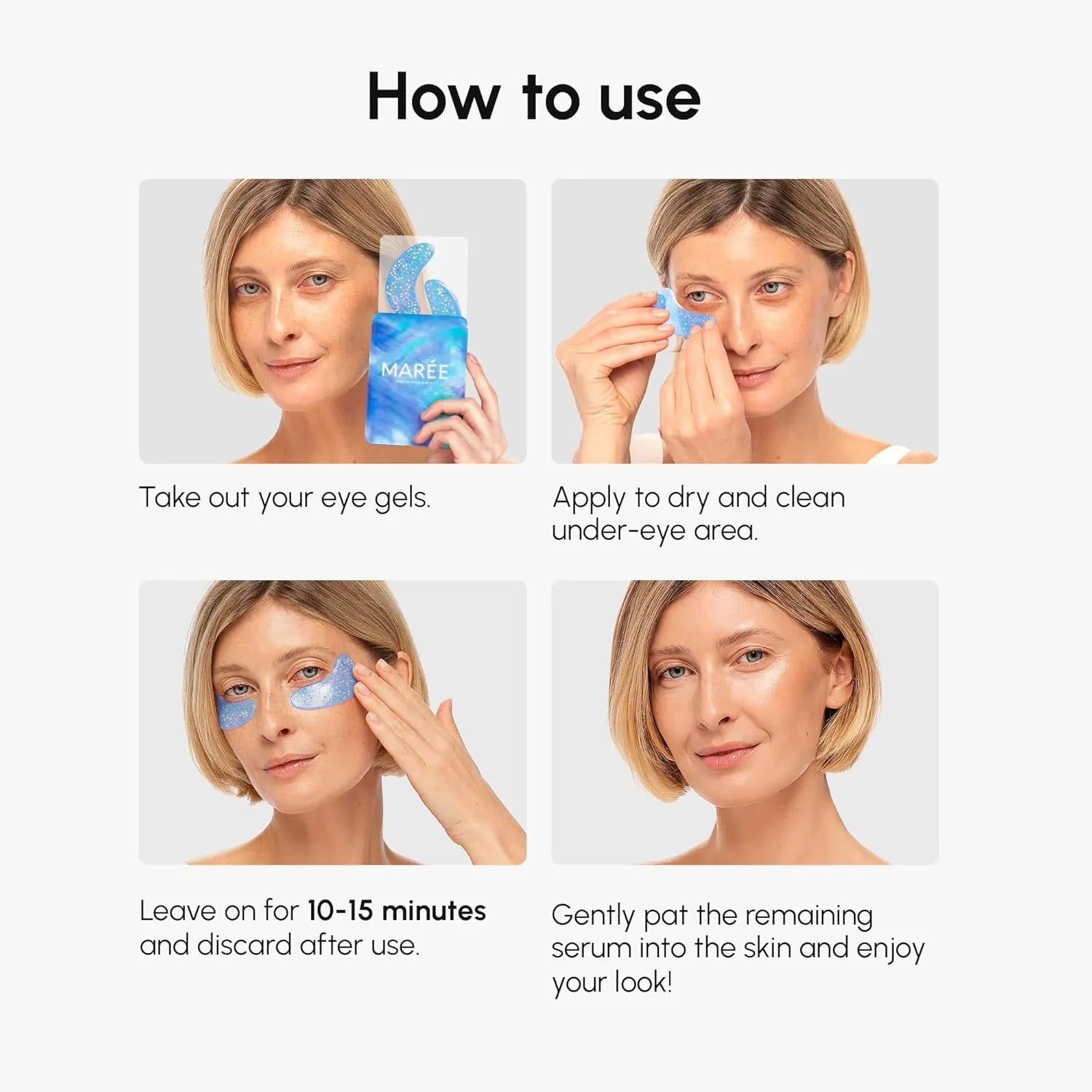 Woman applying MAREE under eye gel patches showing step by step instructions for use on clean dry skin.