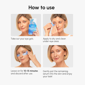 Woman applying MAREE under eye gel patches showing step by step instructions for use on clean dry skin.
