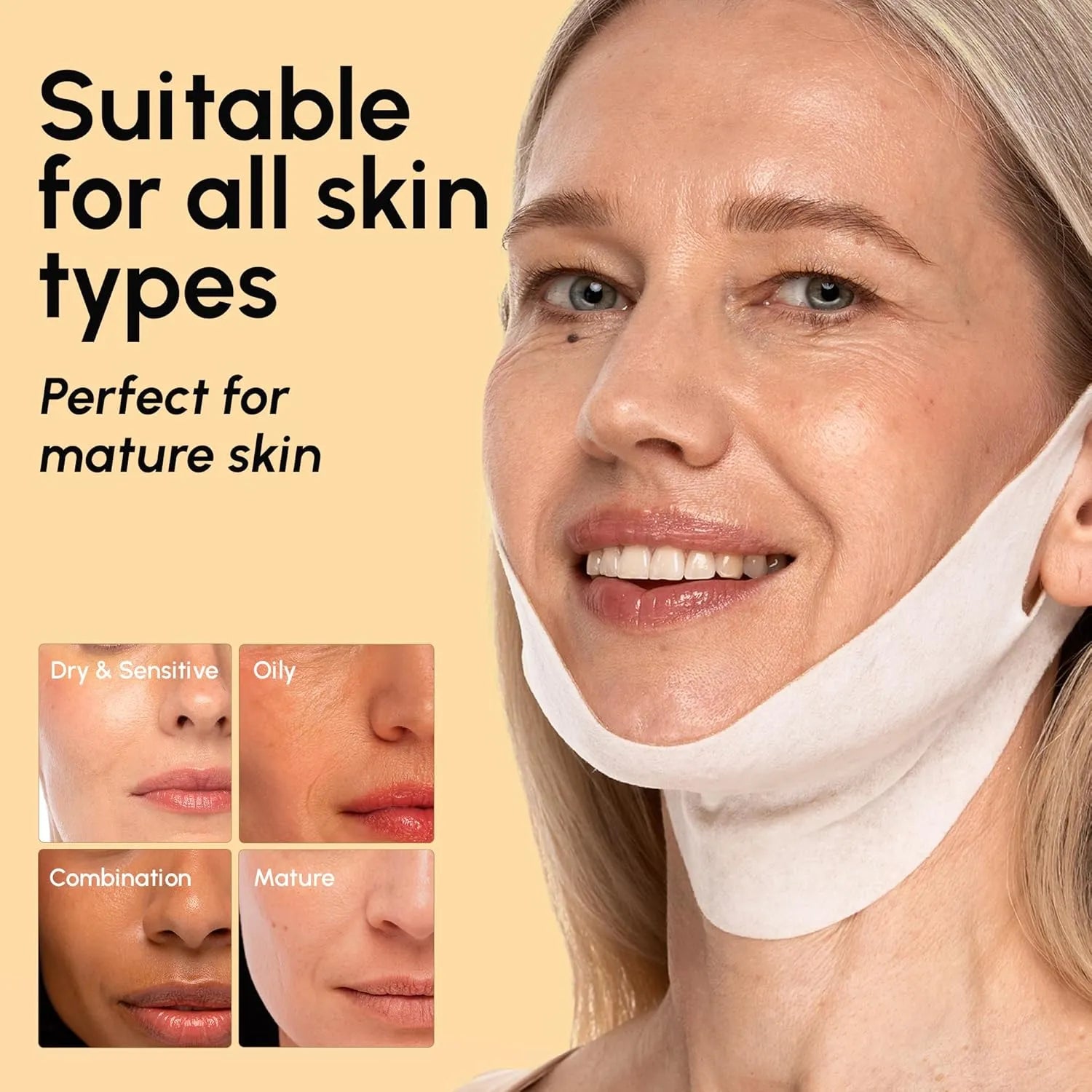 Woman wearing MAREE V Line Lifting Mask showing suitability for dry, oily, combination, and mature skin types.