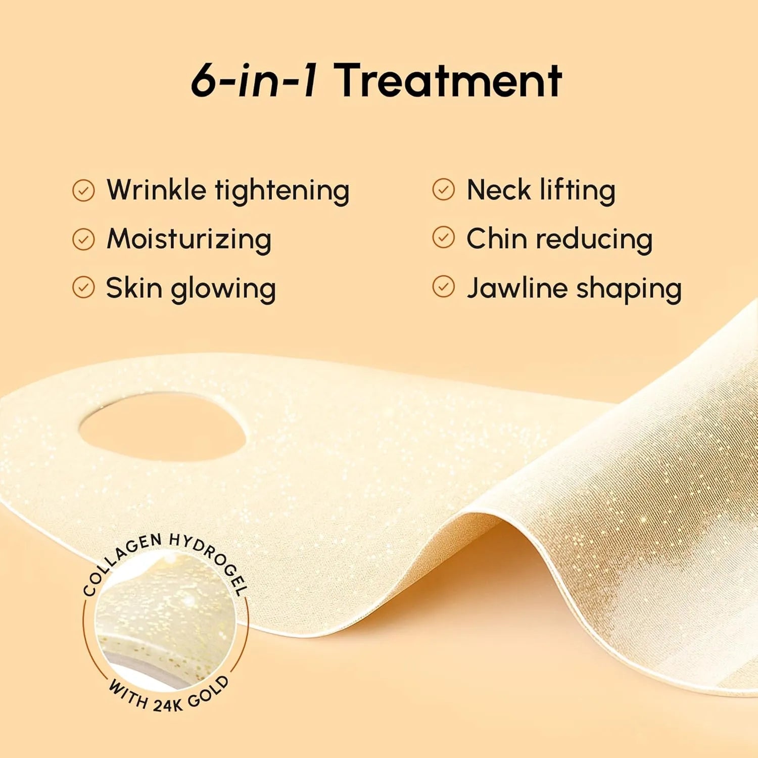 MAREE 24K Gold Chin Lifting Mask showing wrinkle smoothing, moisturizing, jawline shaping, and neck firming benefits.