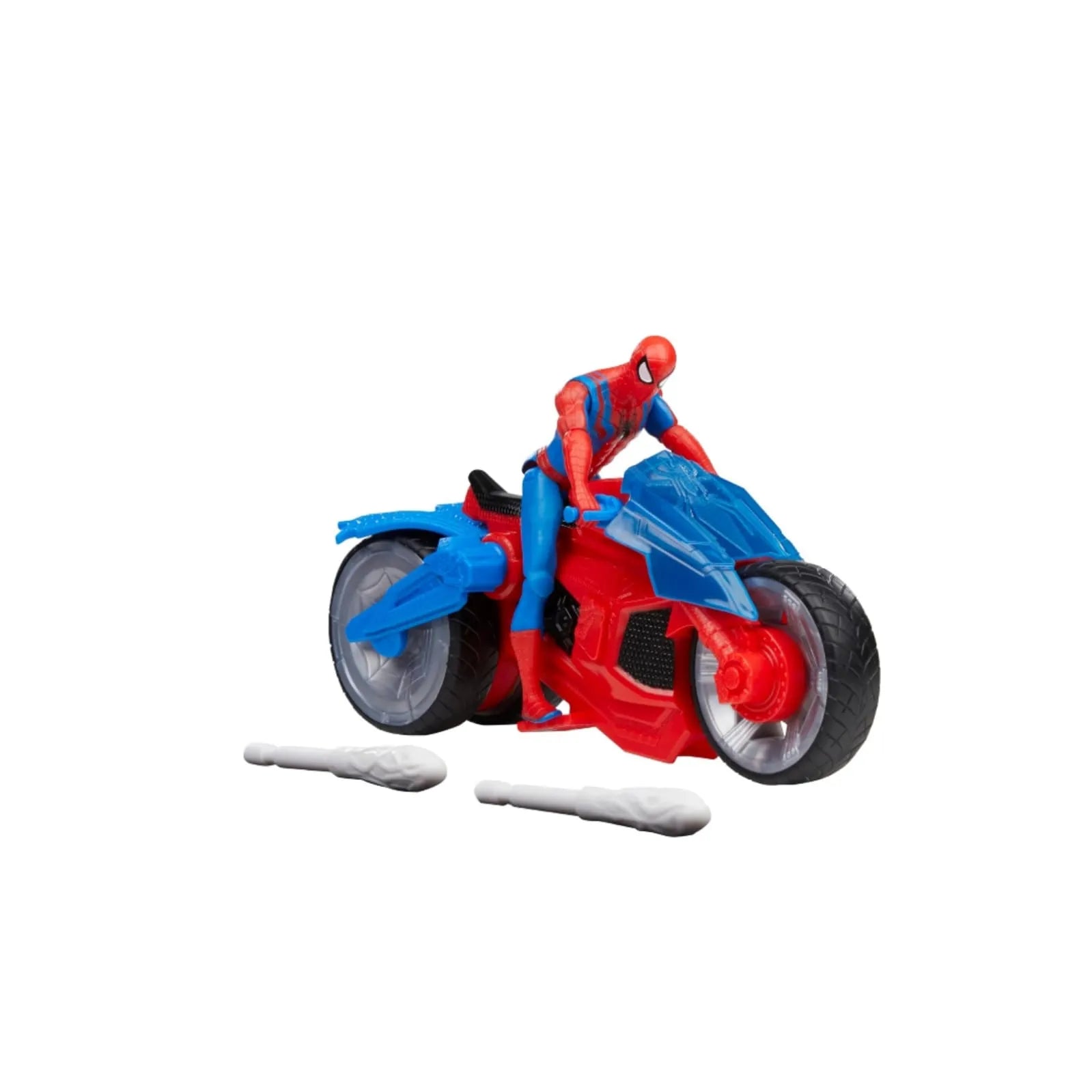 Spider-Man action figure riding red and blue Web Blast Cycle motorcycle with web projectile accessories.