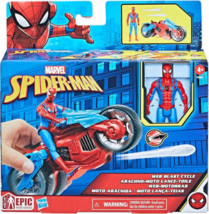 Marvel Spider-Man Web Blast Cycle toy set in retail packaging showing action figure and motorcycle vehicle.