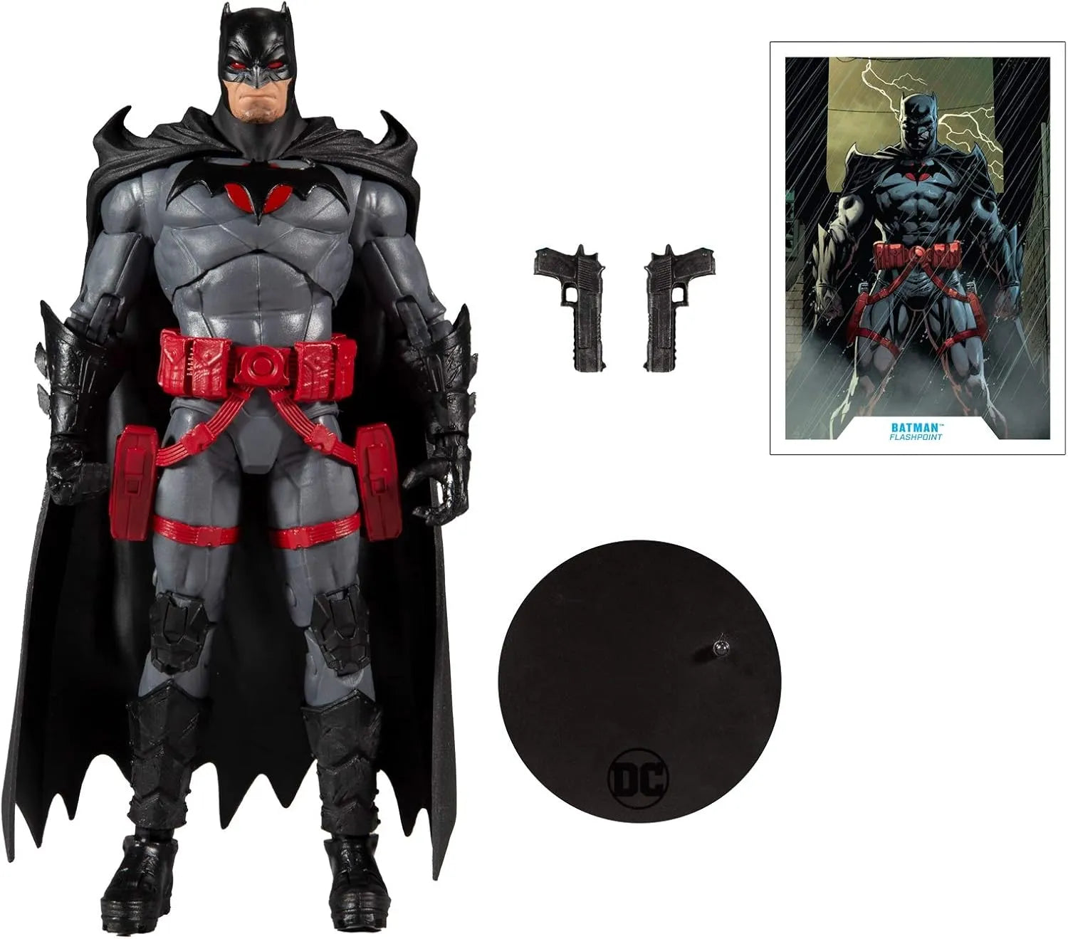 McFarlane DC Batman Flashpoint 7-inch action figure with two pistols, display base, and collectible art card.
