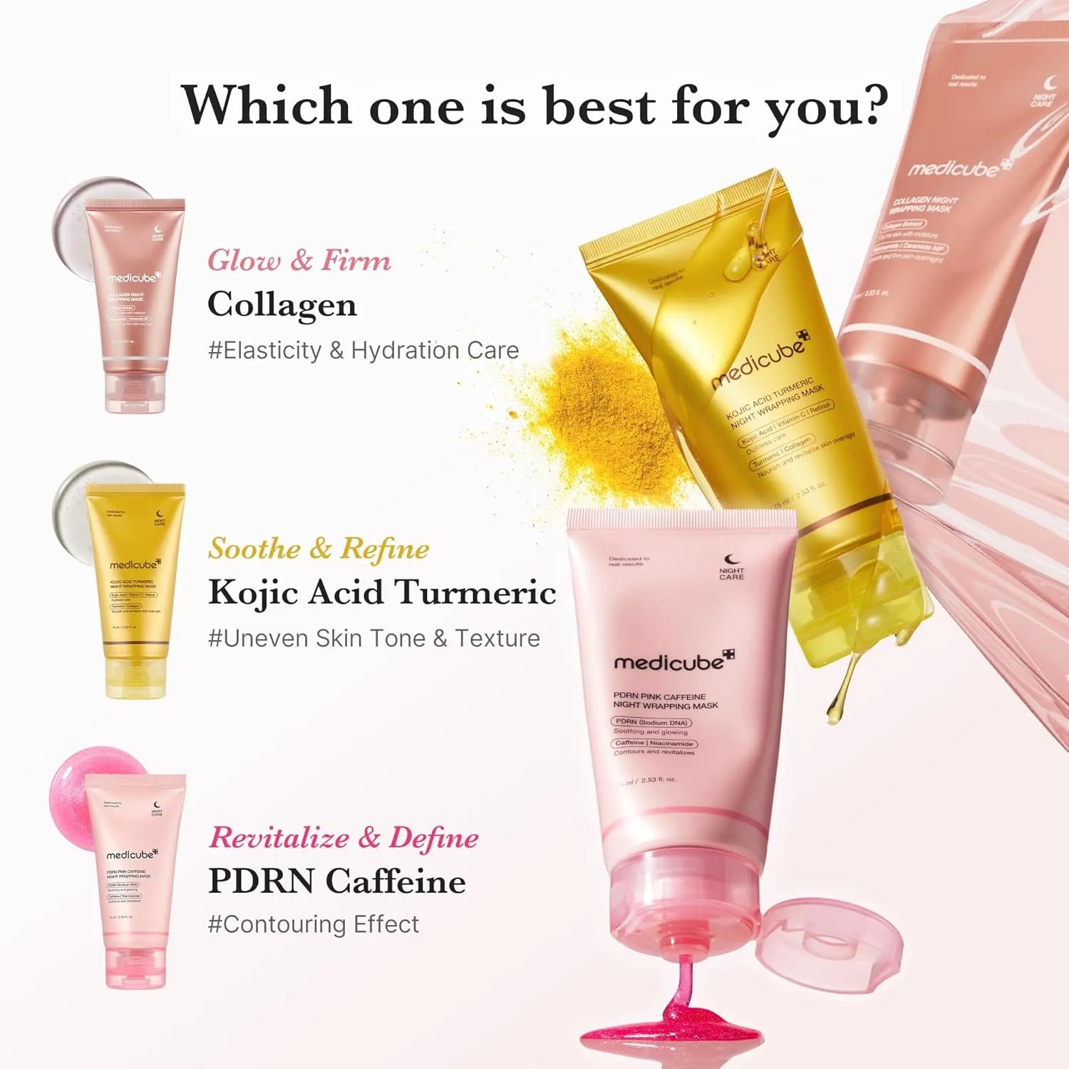 Medicube night wrapping mask comparison showing collagen, kojic acid turmeric and PDRN caffeine masks for different skin concerns