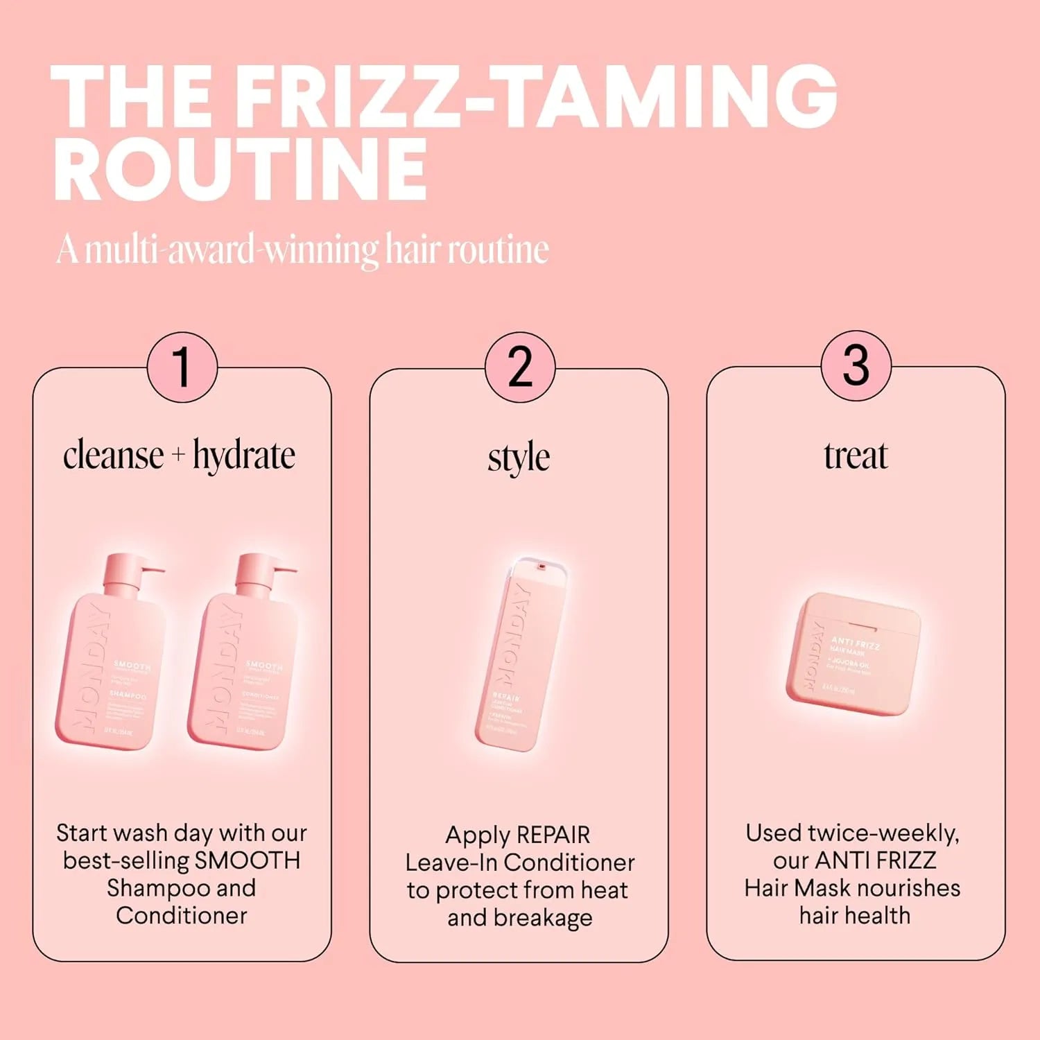 MONDAY Haircare Smooth shampoo and conditioner frizz taming hair routine steps