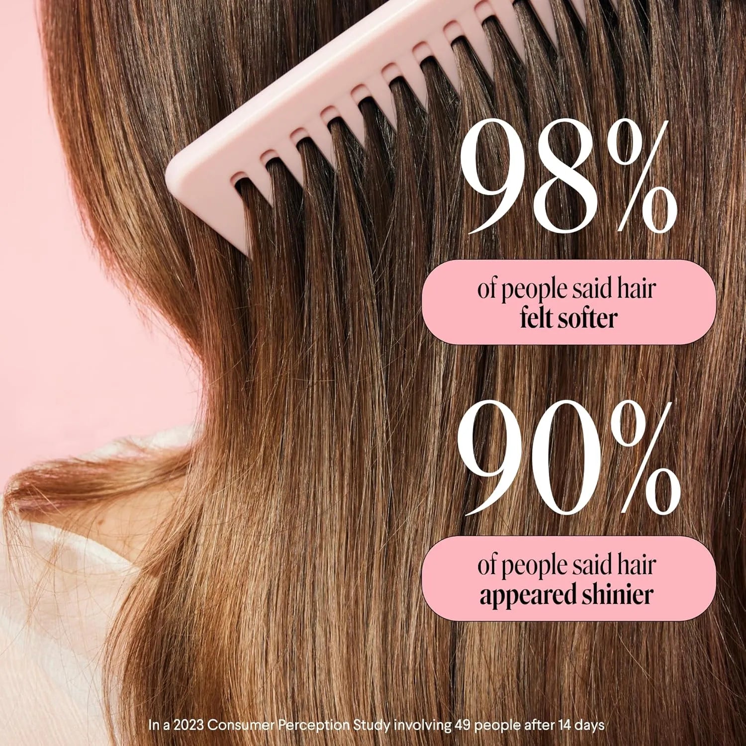 MONDAY Haircare Smooth shampoo and conditioner results graphic showing softer and shinier hair study claims