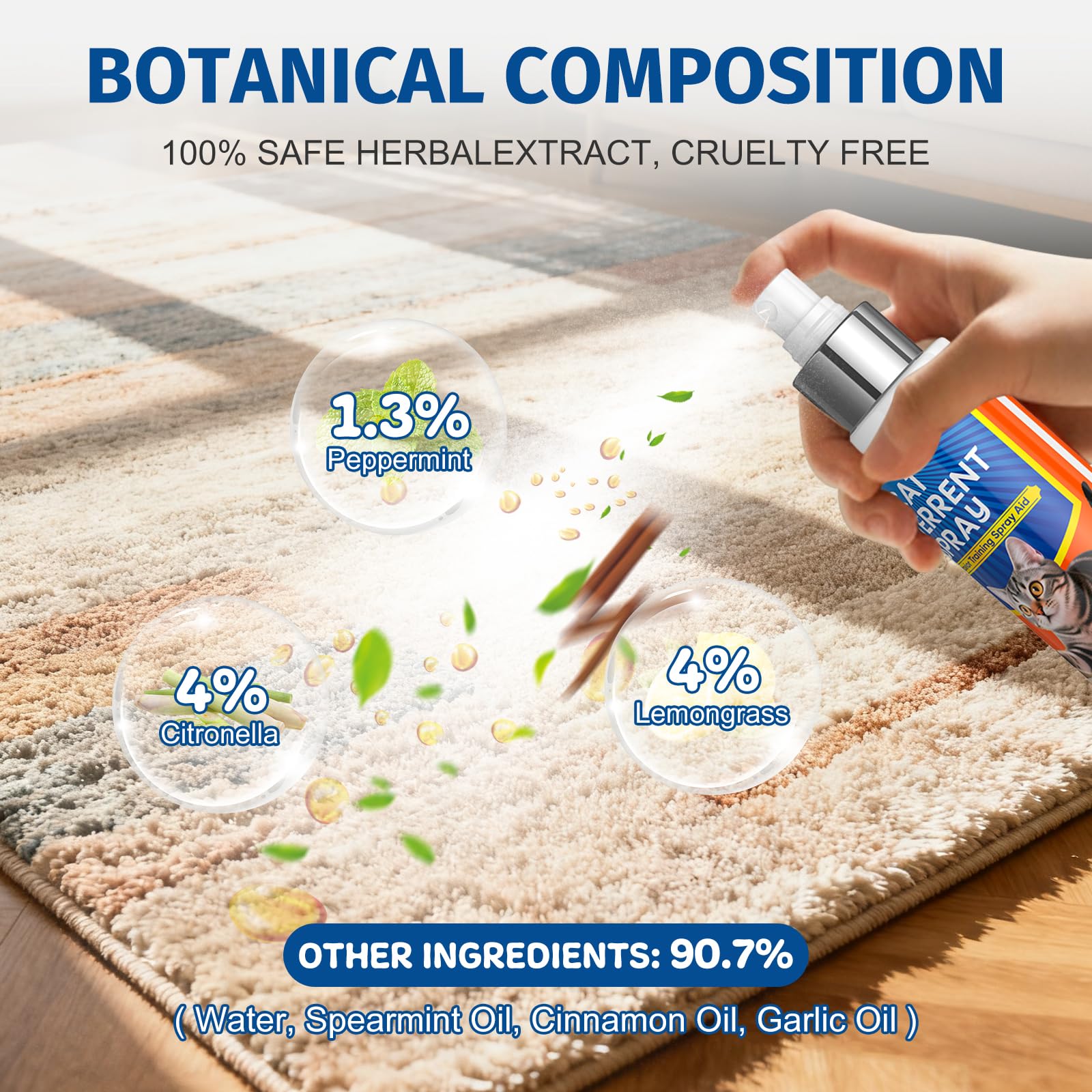 Botanical cat deterrent spray formula with peppermint, citronella, lemongrass, and natural herbal extracts for safe training.