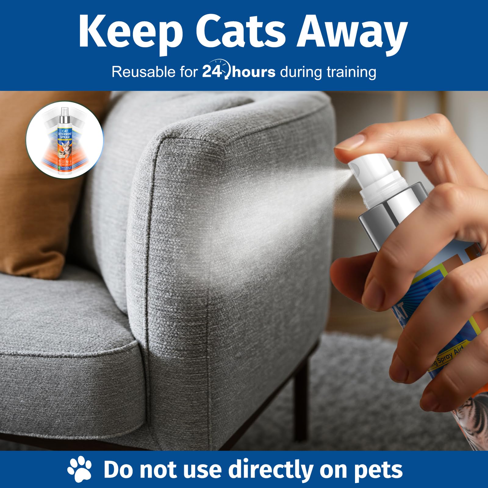 Hand spraying natural cat deterrent spray on sofa corner to prevent scratching and chewing during training.