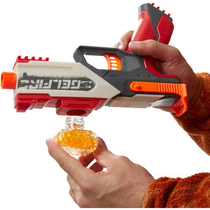 Close-up of loading gel rounds into Nerf Pro Gelfire Legion 130-round hopper