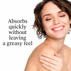 Woman applying Neutrogena Body Oil Light Sesame Formula to shoulder.