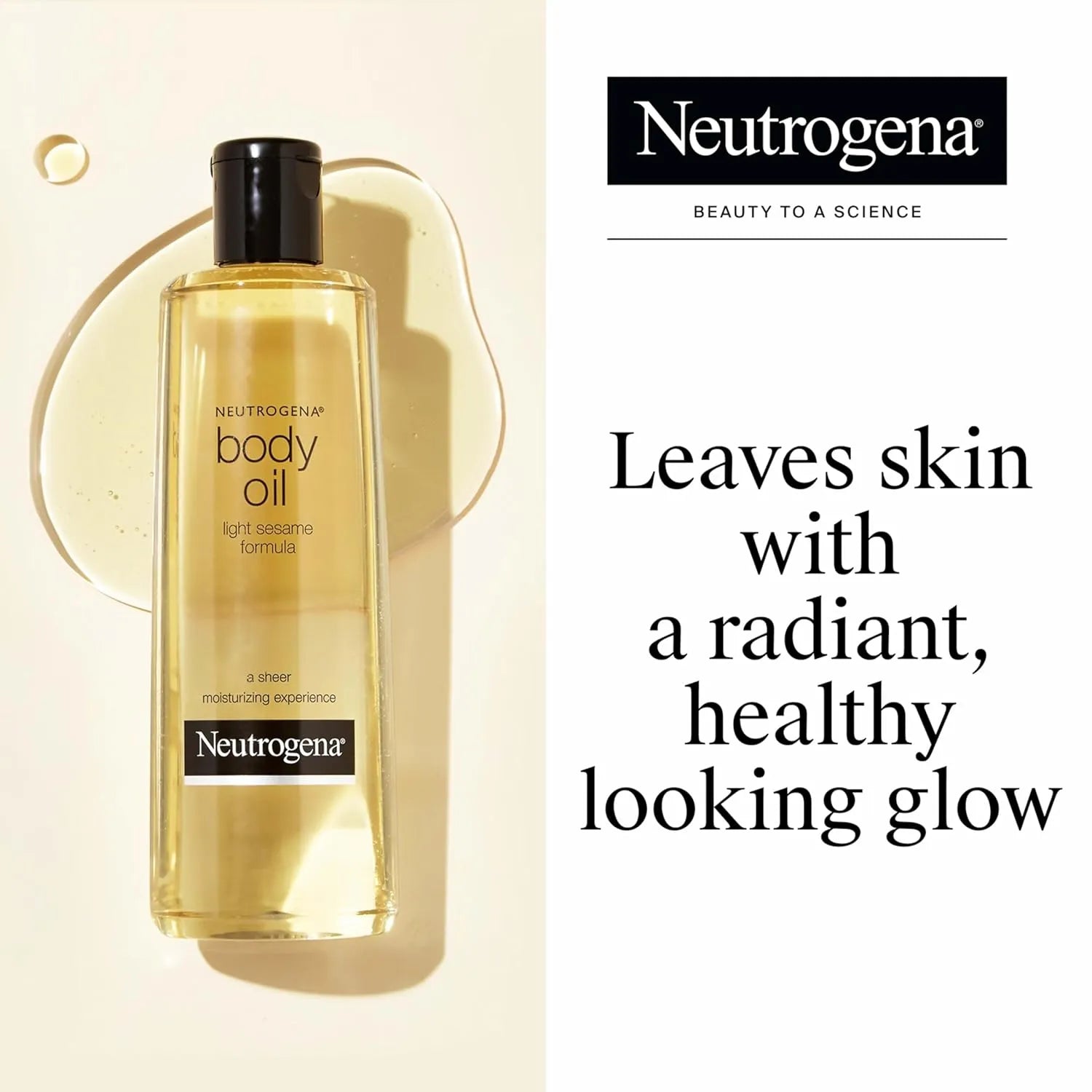 Neutrogena Body Oil Light Sesame Formula 16 fl oz bottle on beige background.
