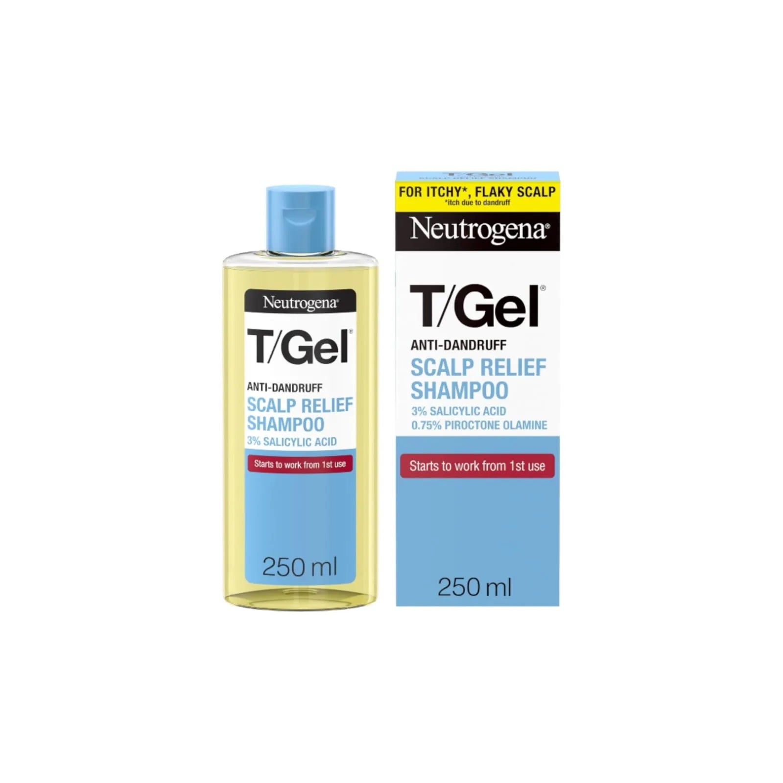 Neutrogena T/Gel Scalp Relief Anti-Dandruff Shampoo 250 mL bottle and box packaging side by side.