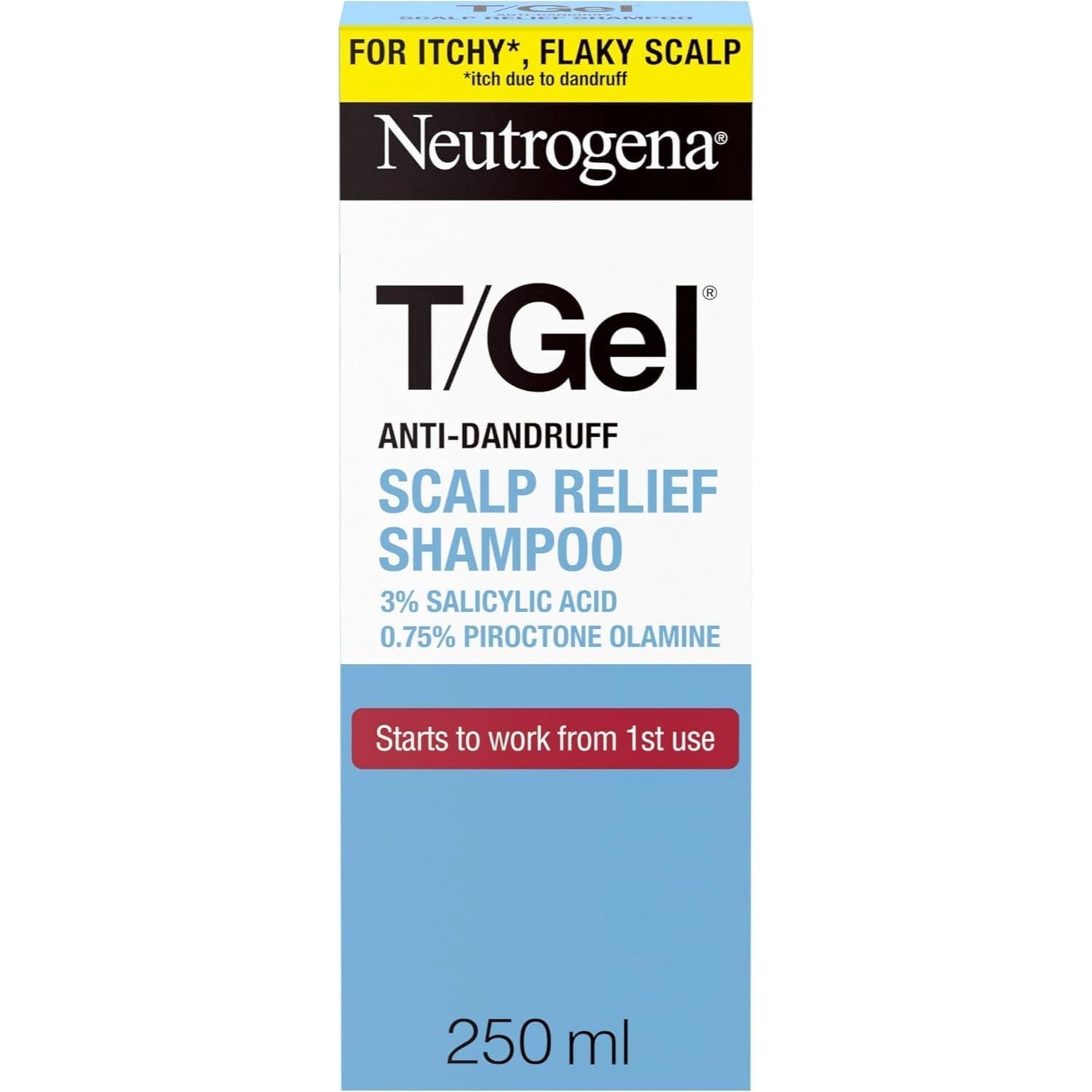 Front view of Neutrogena T/Gel Scalp Relief Anti-Dandruff Shampoo box 250 mL.