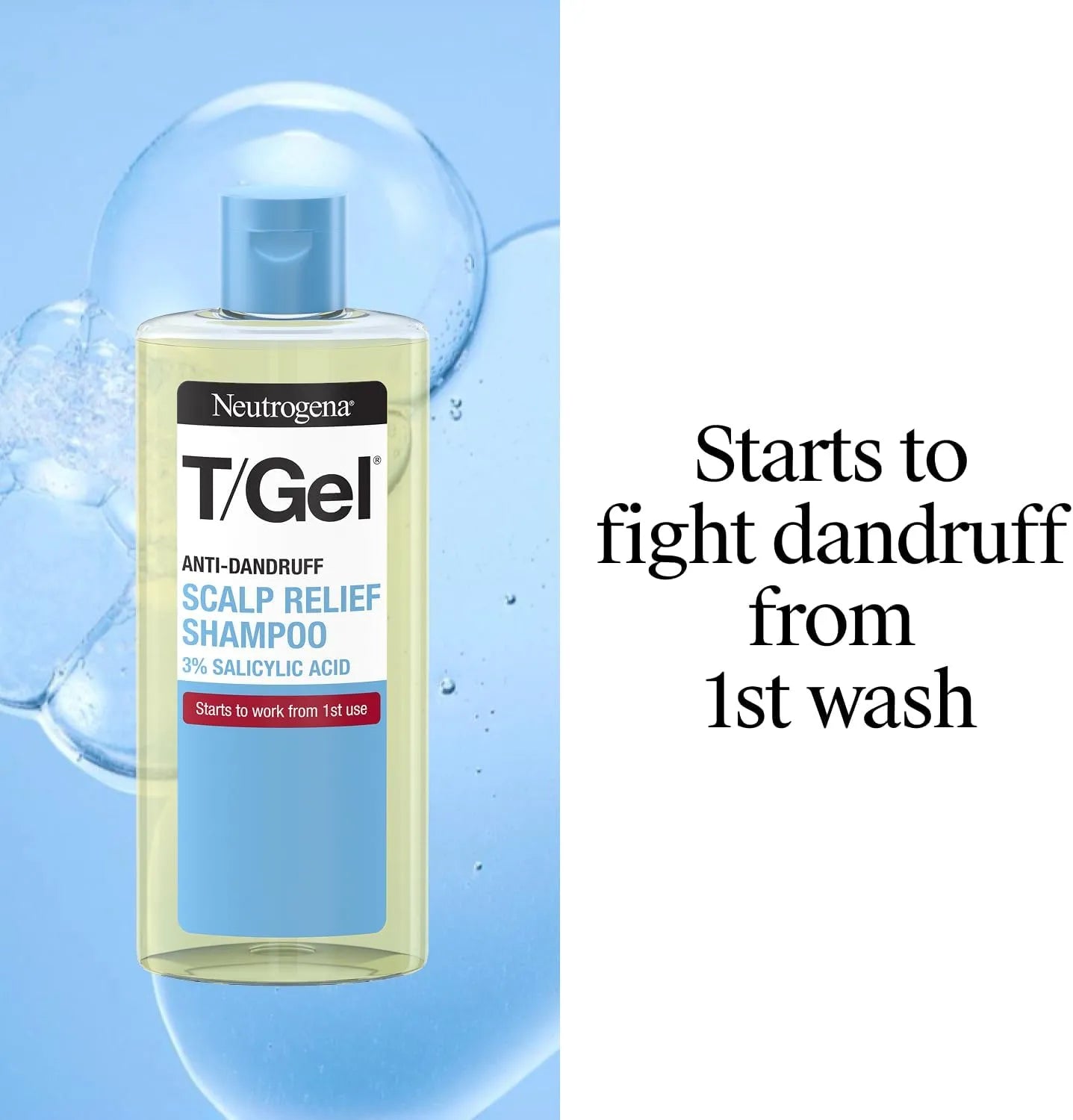Neutrogena T/Gel Scalp Relief Anti-Dandruff Shampoo bottle with first wash claim graphic.