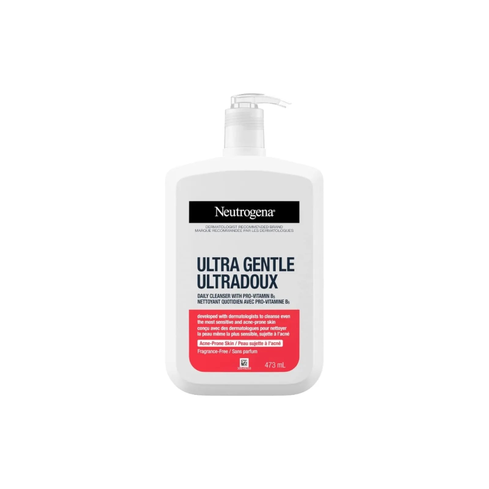 Front view of Neutrogena Ultra Gentle Cleanser with Vitamin B5 bottle for acne-prone and sensitive skin.