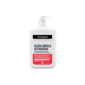 Front view of Neutrogena Ultra Gentle Cleanser with Vitamin B5 bottle for acne-prone and sensitive skin.