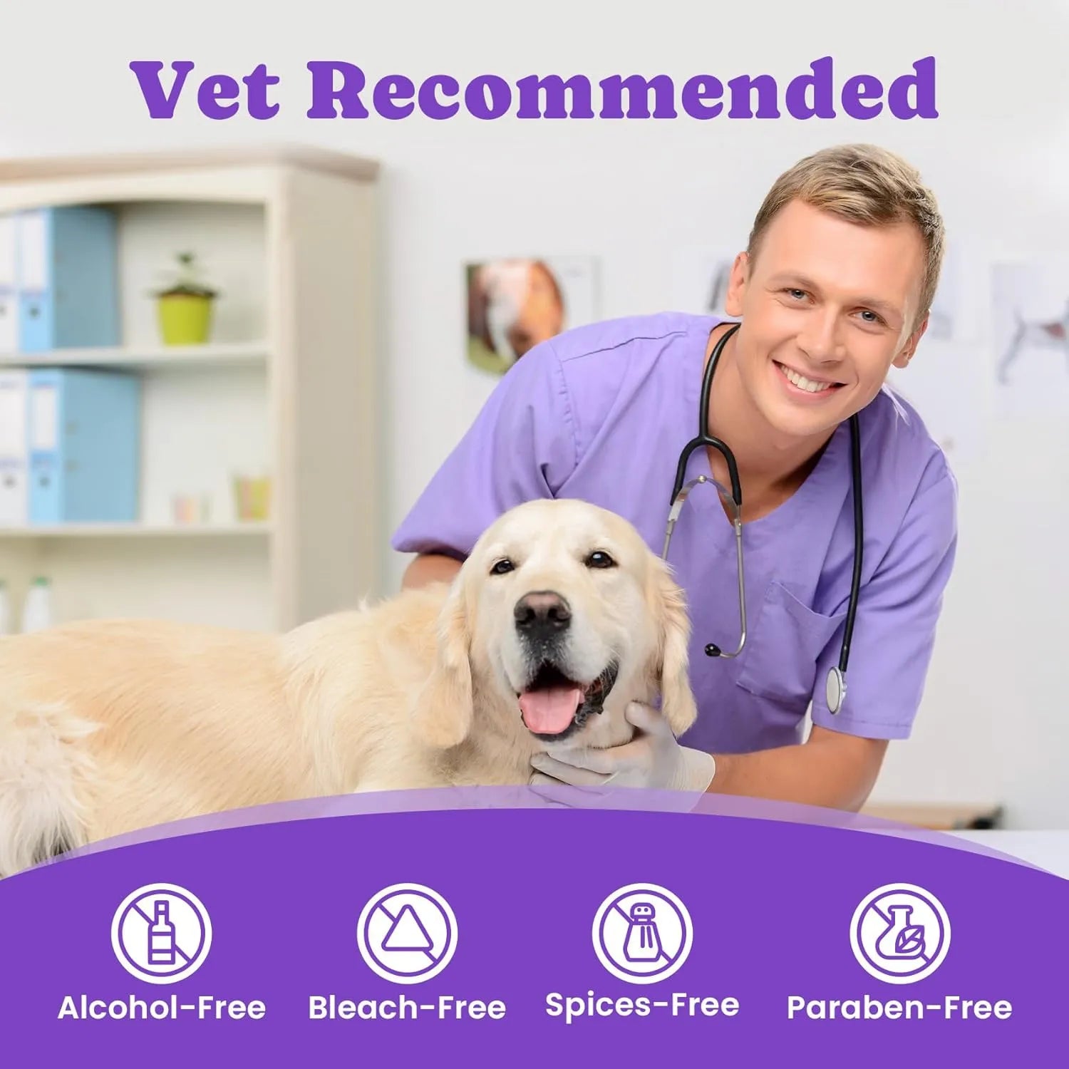 Veterinarian with dog and vet recommended graphic for pet dental finger wipes.