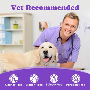 Veterinarian with dog and vet recommended graphic for pet dental finger wipes.
