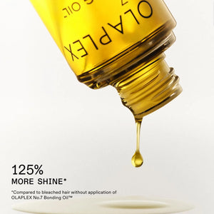 Close-up of Olaplex No.7 Bonding Oil bottle dispensing a drop of oil.
