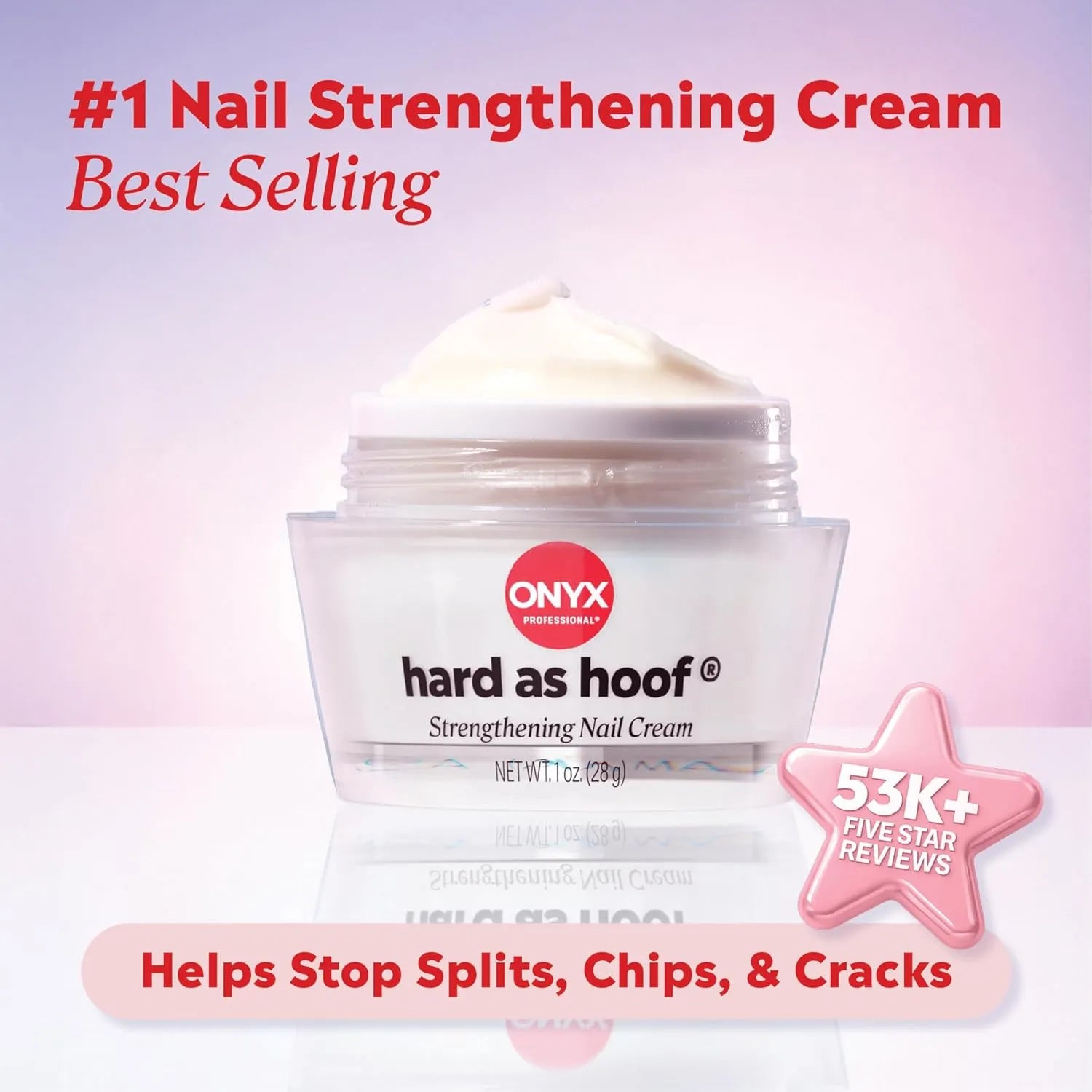 Onyx Hard as Hoof Nail Strengthening Cream jar labeled best selling with 53K five star reviews badge.