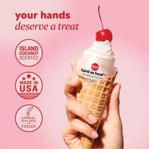 Hand holding Onyx Hard as Hoof Nail Strengthening Cream styled as an ice cream cone highlighting island coconut scent, made in USA, and vegan formula.