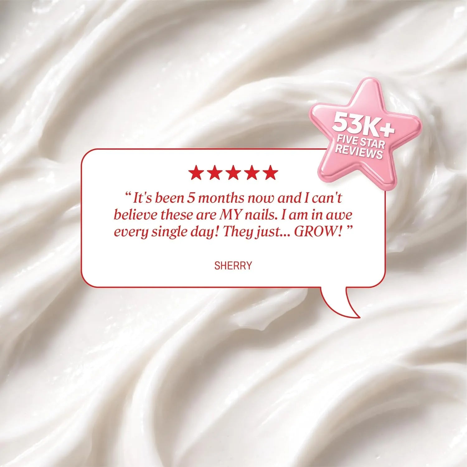 Customer testimonial graphic for Onyx Hard as Hoof Nail Strengthening Cream with five-star rating and 53K reviews.