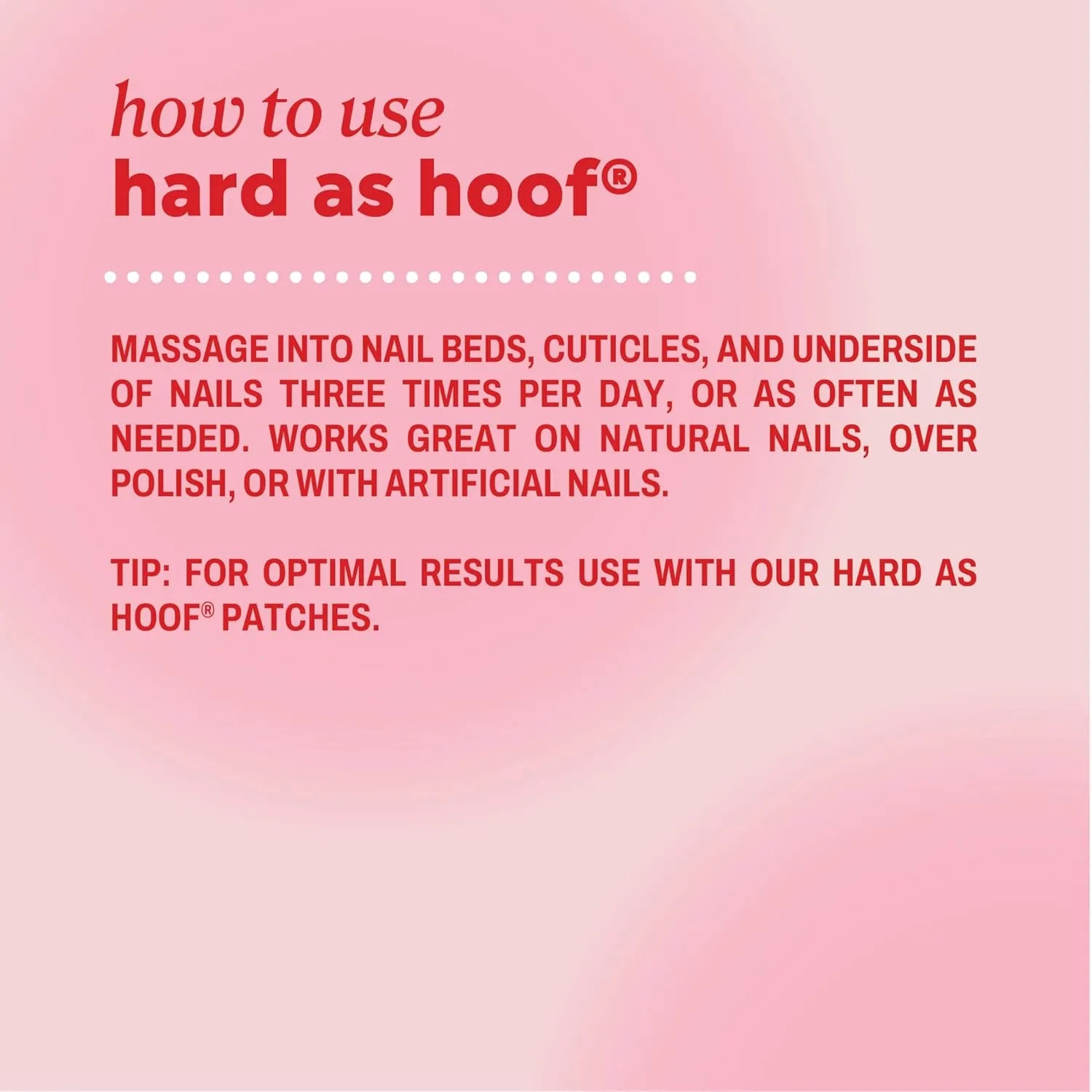 Instructions for using Onyx Hard as Hoof Nail Strengthening Cream, showing directions to massage into nail beds and cuticles daily.