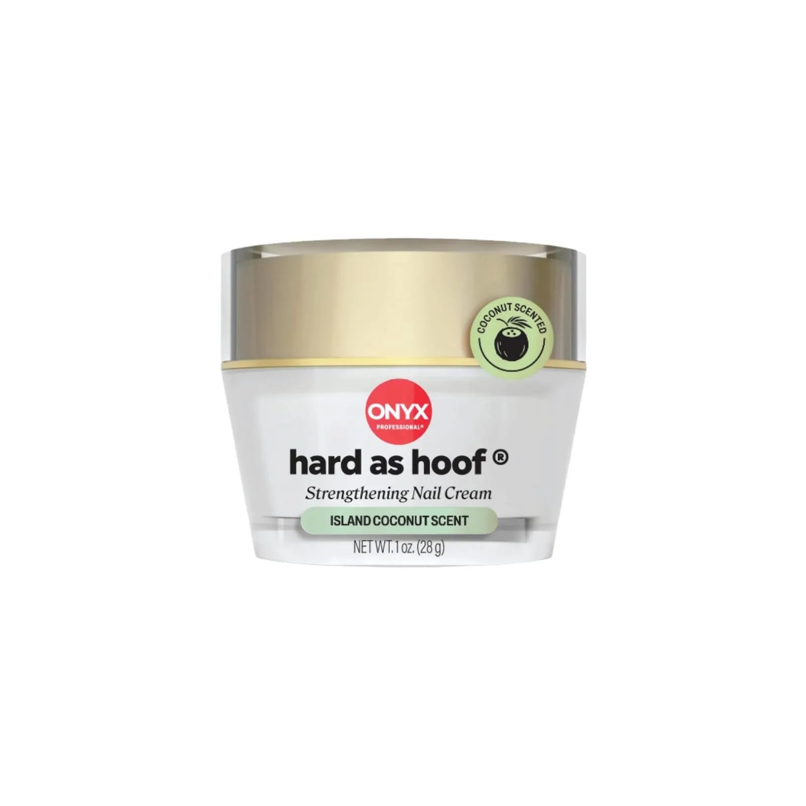 Front view of Onyx Hard as Hoof Nail Strengthening Cream Island Coconut Scent 1 oz jar with gold lid.