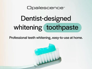 Opalescence dentist-designed whitening toothpaste graphic with toothpaste on toothbrush.