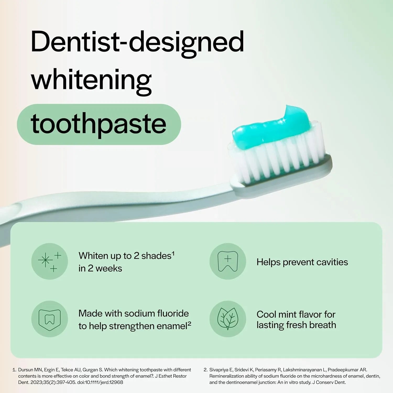 Opalescence Whitening Toothpaste Cool Mint feature highlights including fluoride enamel support and cavity protection.