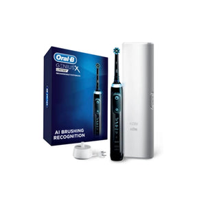 Oral-B Genius X Limited rechargeable electric toothbrush midnight black with retail box, charger, and travel case.