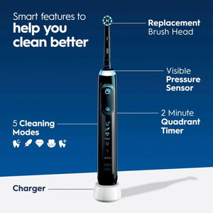 Oral-B Genius X Limited electric toothbrush showing pressure sensor, cleaning modes, timer, and charger base.