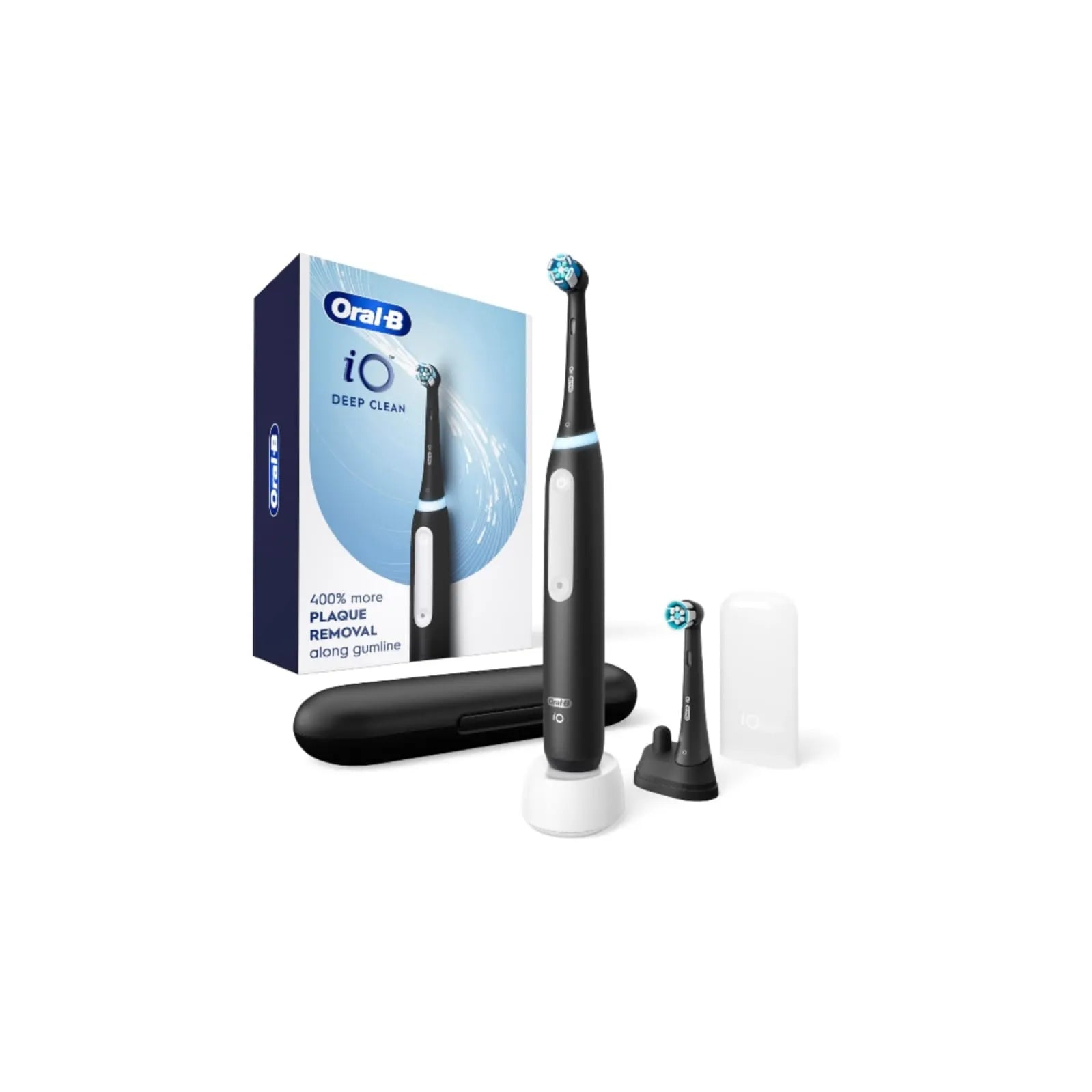 Oral-B iO Series 3 Deep Clean electric toothbrush in black with retail box, charger base, travel case, and extra brush head.