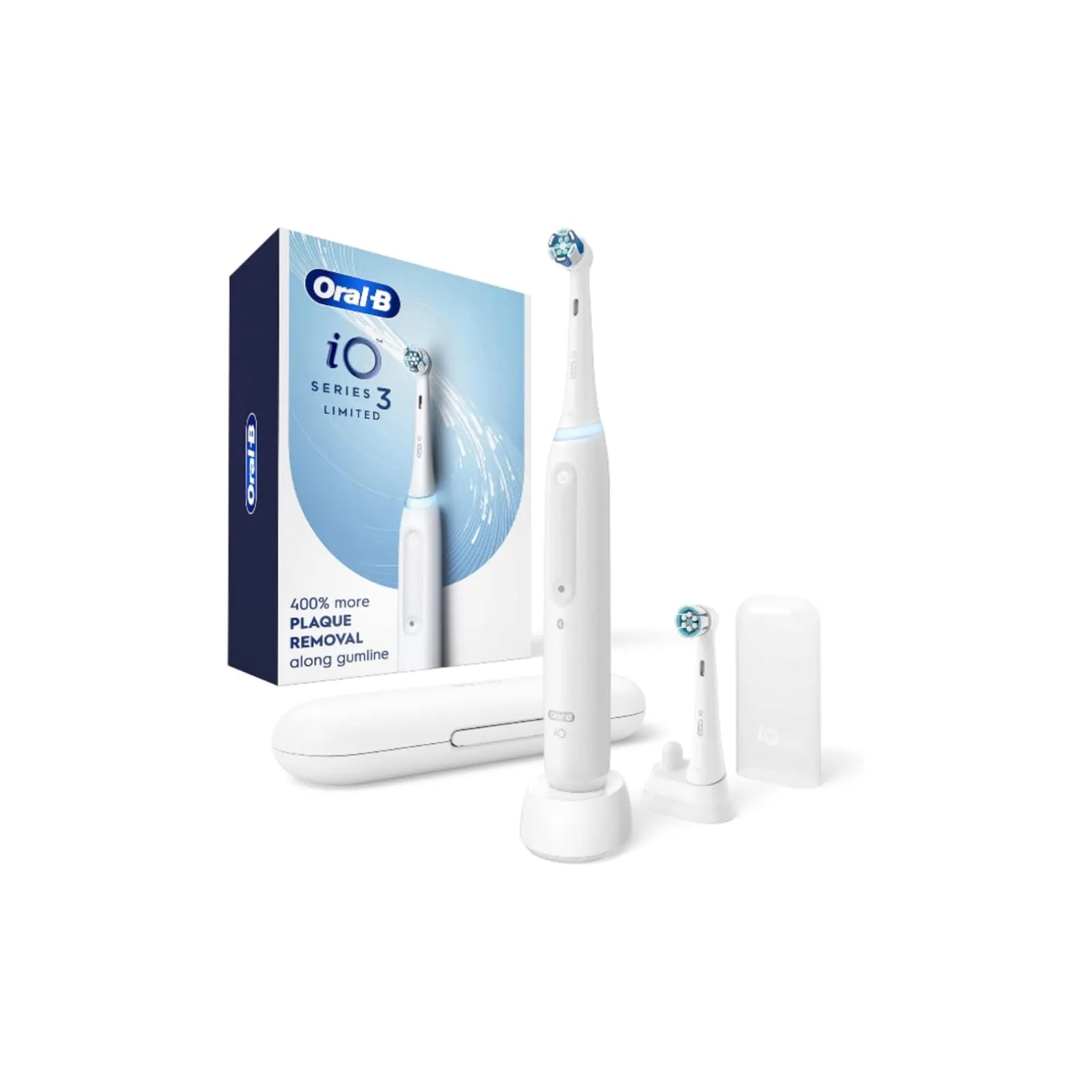 Oral-B iO Series 3 Deep Clean electric toothbrush in white with retail box, charger base, travel case, and extra brush head.