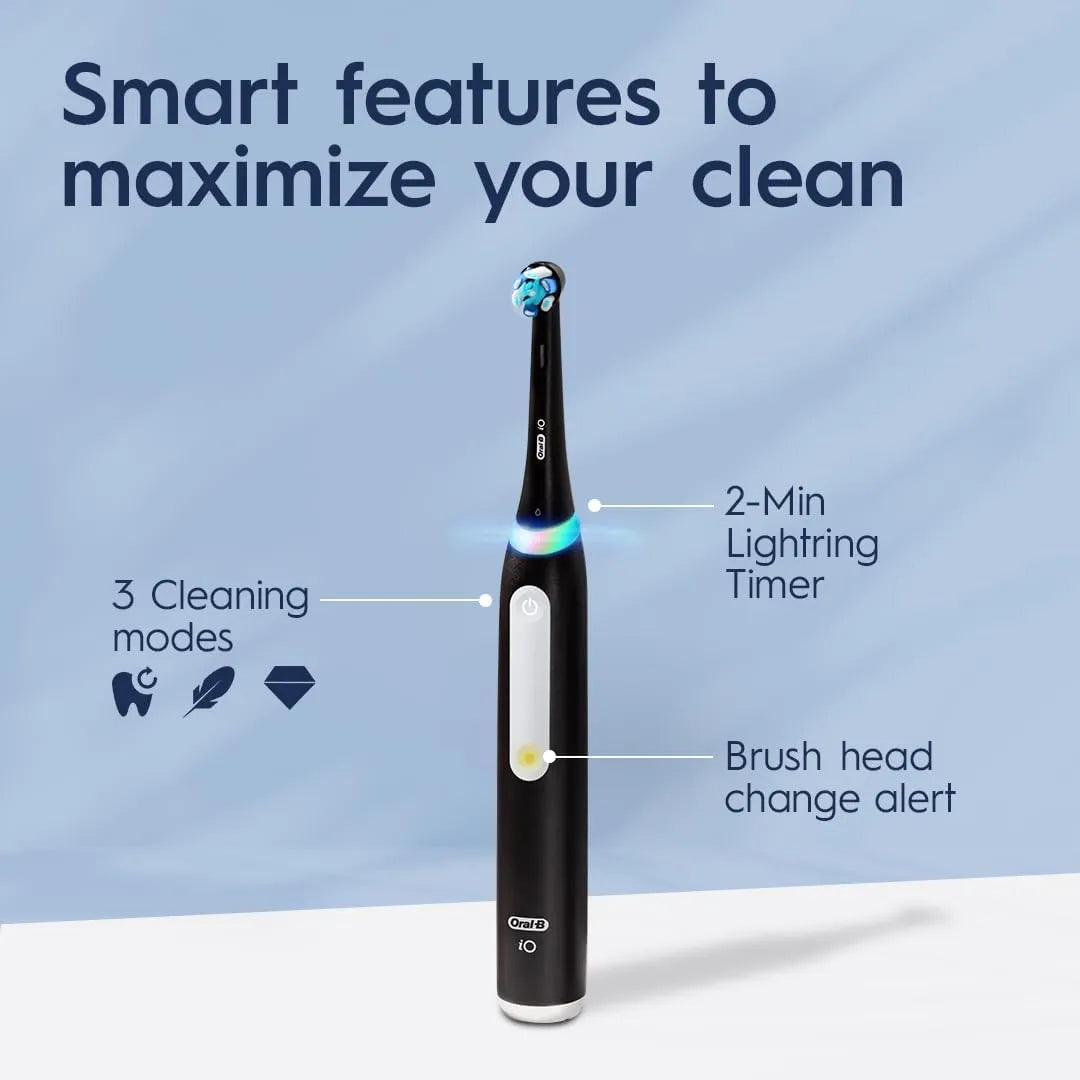 Oral-B iO Series 3 electric toothbrush showing three cleaning modes, timer, and brush head replacement alert.