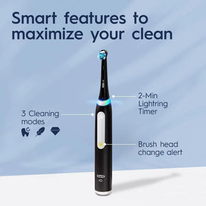 Oral-B iO Series 3 electric toothbrush showing three cleaning modes, timer, and brush head replacement alert.