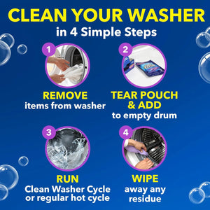 Step by step instructions for using OxiClean Washing Machine Cleaner including remove items, add pouch, run hot cycle, and wipe residue.