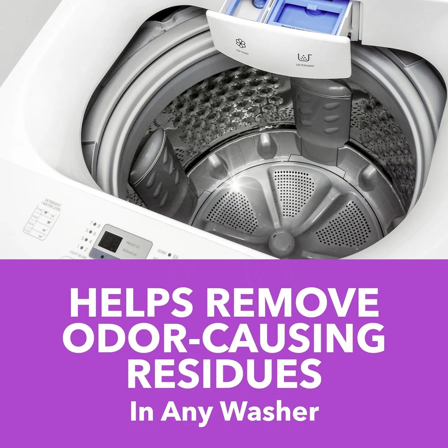 OxiClean Washing Machine Cleaner helps remove odor-causing residues inside washing machine drum.