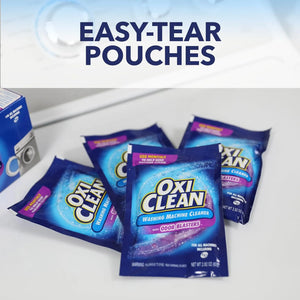 OxiClean Washing Machine Cleaner Odor Blasters easy-tear single-use pouches displayed on countertop.