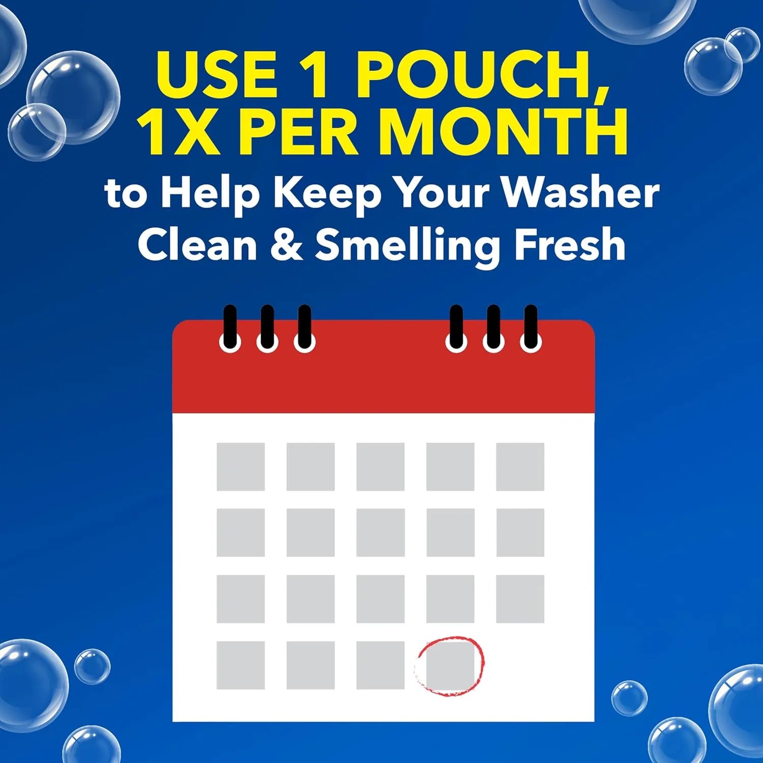 OxiClean Washing Machine Cleaner recommends using one pouch per month to help keep washer clean and smelling fresh.