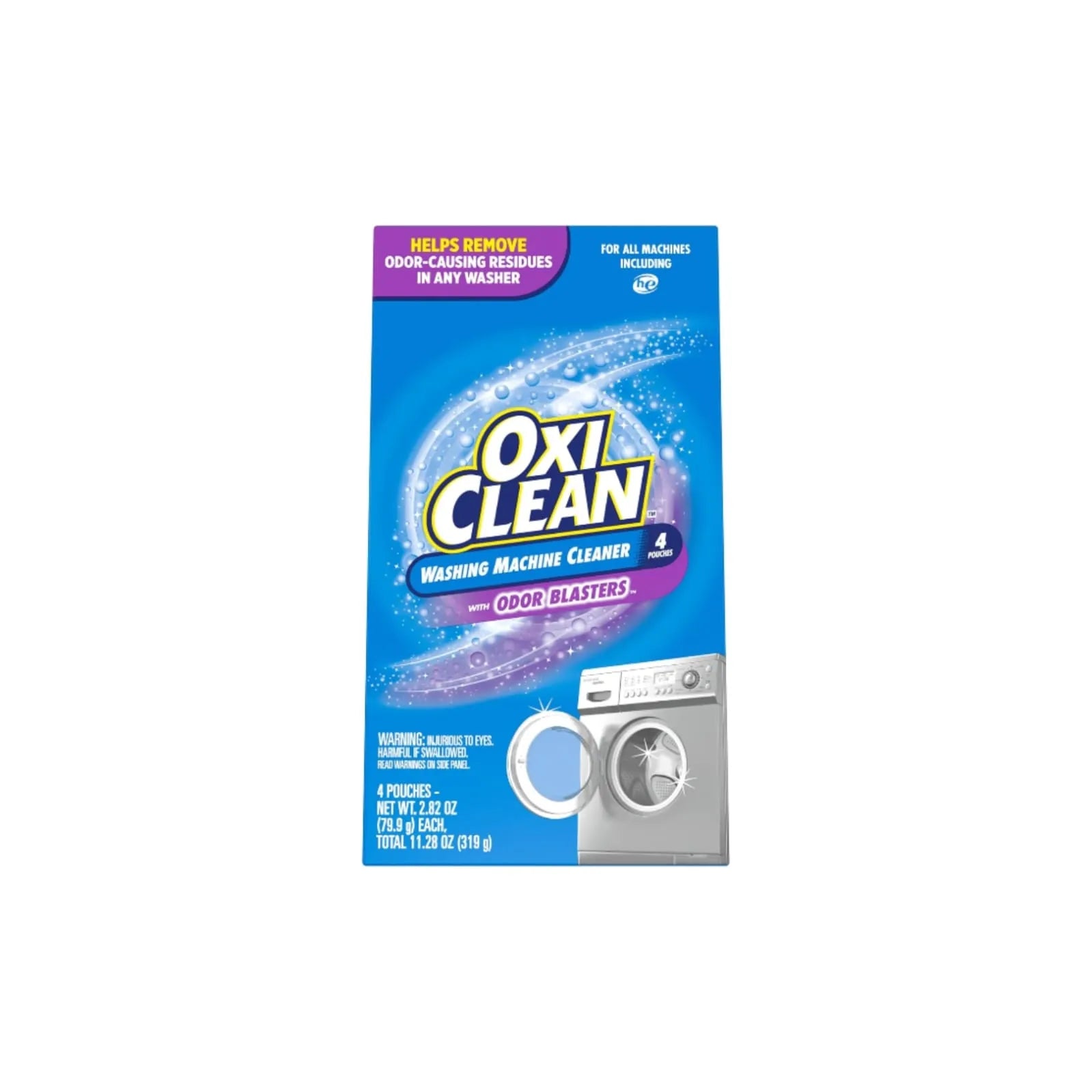 OxiClean Washing Machine Cleaner with Odor Blasters 4 Count retail packaging box showing product details and washer image.