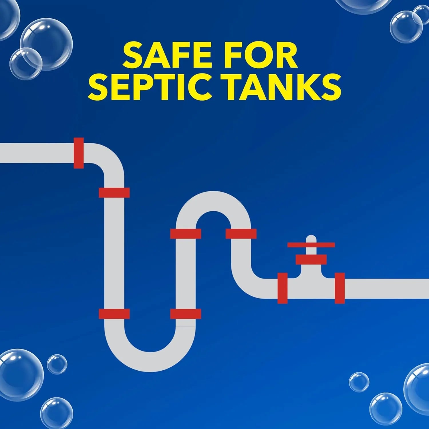 OxiClean Washing Machine Cleaner Odor Blasters safe for septic tanks illustrated with plumbing system graphic.