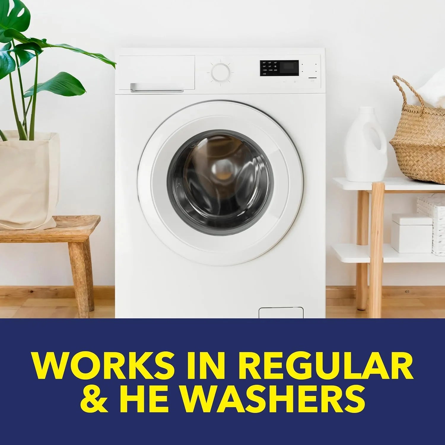 OxiClean Washing Machine Cleaner compatible with regular and high efficiency HE washers shown with front load washing machine.