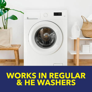OxiClean Washing Machine Cleaner compatible with regular and high efficiency HE washers shown with front load washing machine.