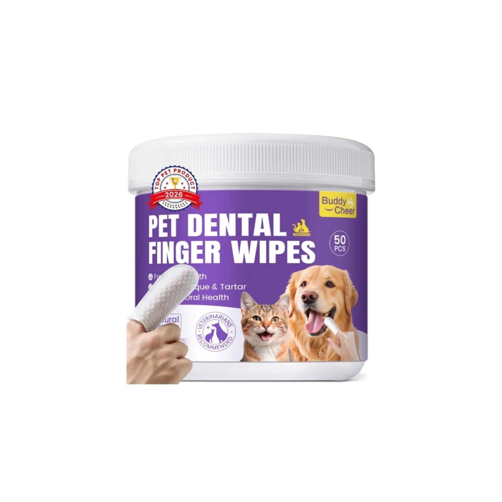 Pet dental finger wipes container showing 50 count packaging with dog and cat image.