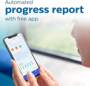 Smartphone displaying Sonicare app progress report connected to Philips Sonicare DiamondClean 9000 electric toothbrush.