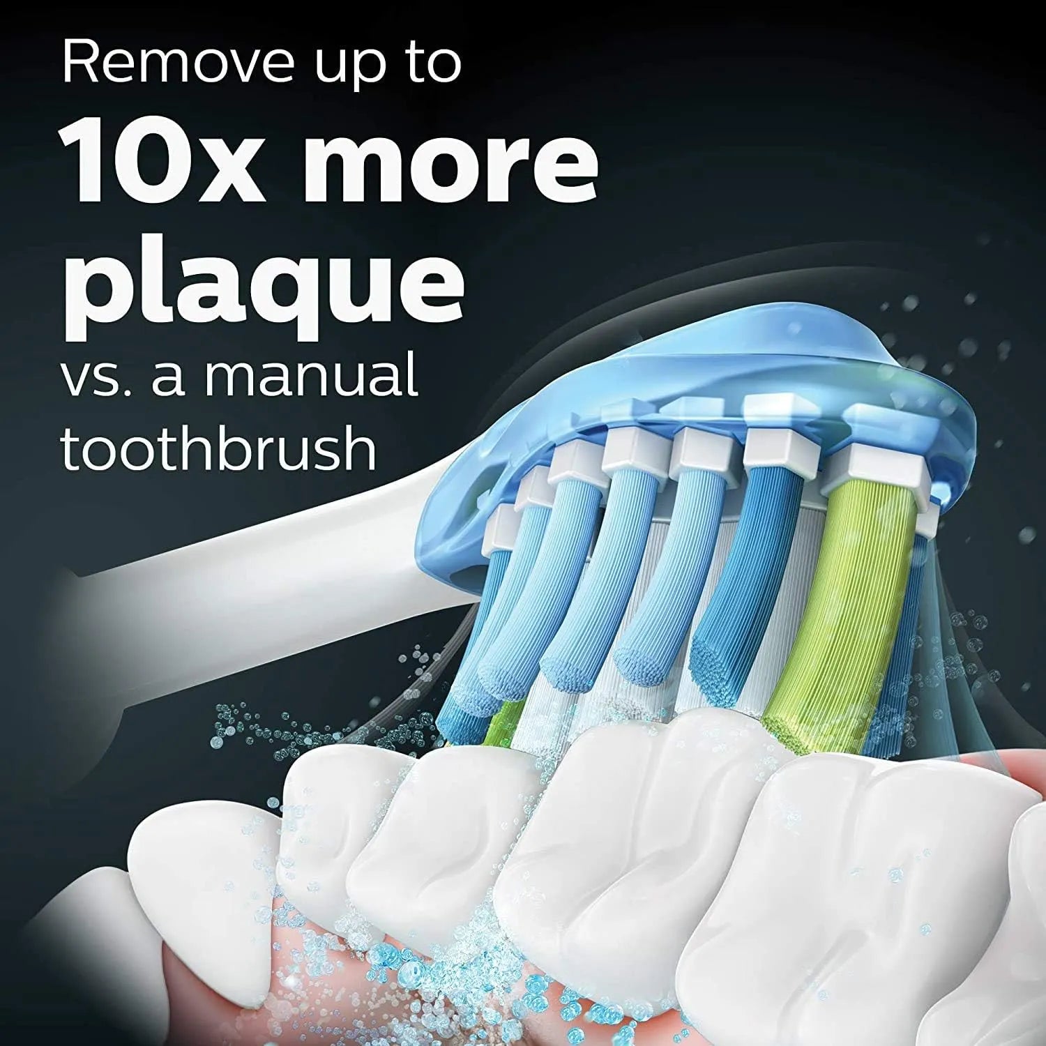 Close-up of Philips Sonicare DiamondClean 9000 brush head cleaning teeth surface illustration.