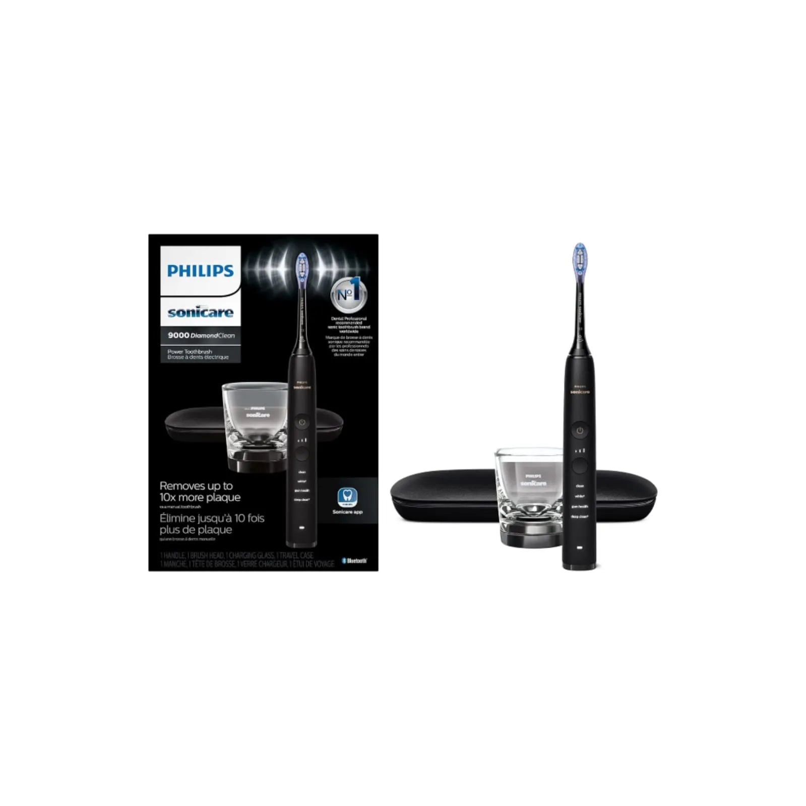 Philips Sonicare DiamondClean 9000 rechargeable electric toothbrush in black with charging glass and travel case, shown with retail packaging.