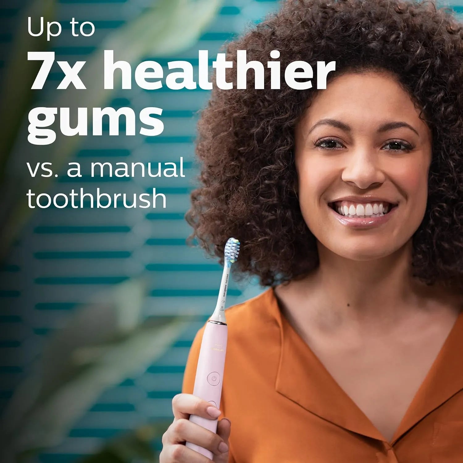 Philips Sonicare DiamondClean 9000 electric toothbrush comparison graphic referencing gum care versus a manual toothbrush.