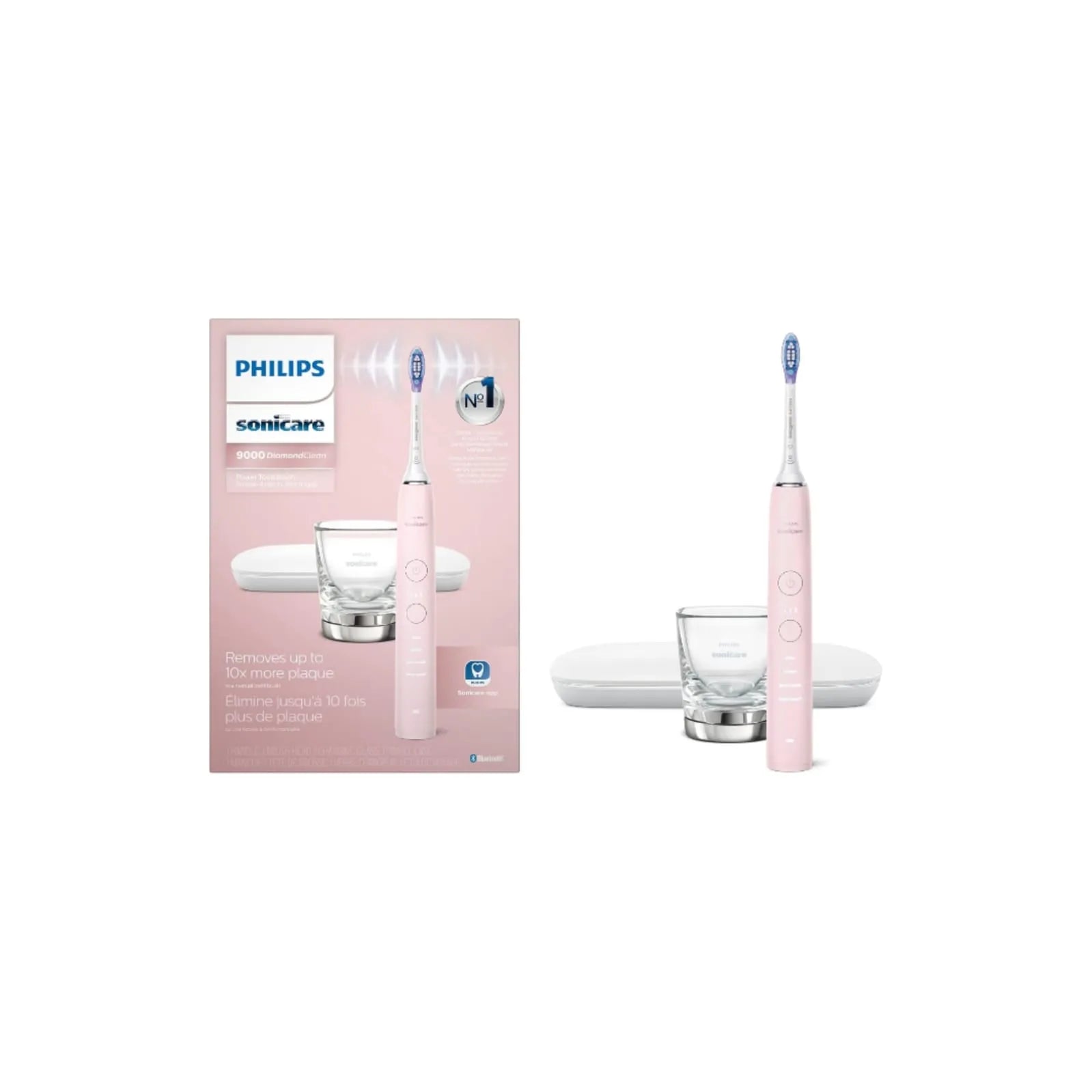 Philips Sonicare DiamondClean 9000 pink rechargeable electric toothbrush with charging glass and travel case shown with retail packaging.